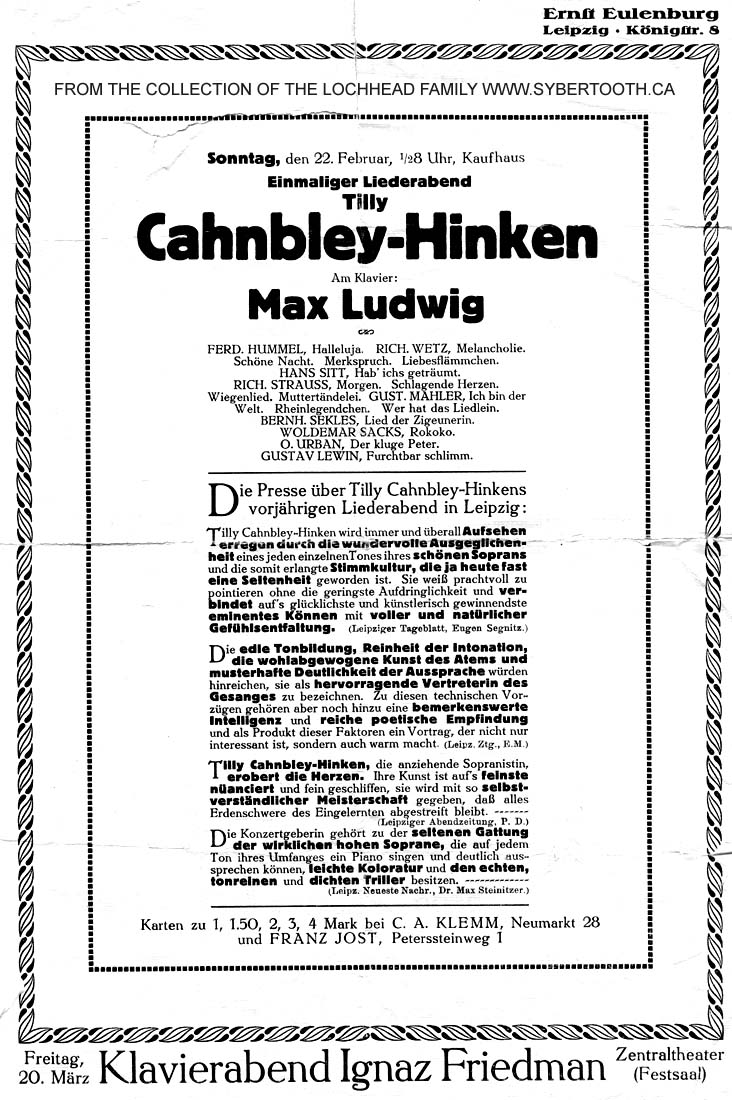 Tilly Cahnbley-Hinken and Max Ludwig concert in Leipzig 1914