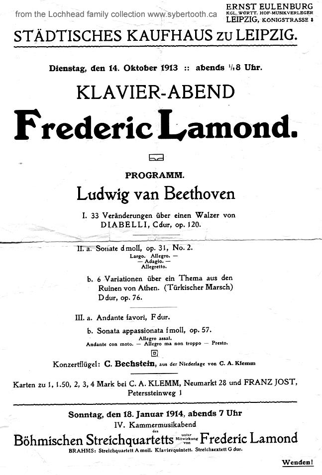 14 October 1913 Frederic Lamond, Klavier-Abend, Leipzig Germany