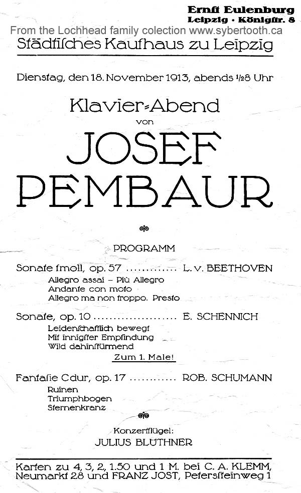Leipzig Germany, 18 November 1913 - Klavier Abend, Josef Pembaur 